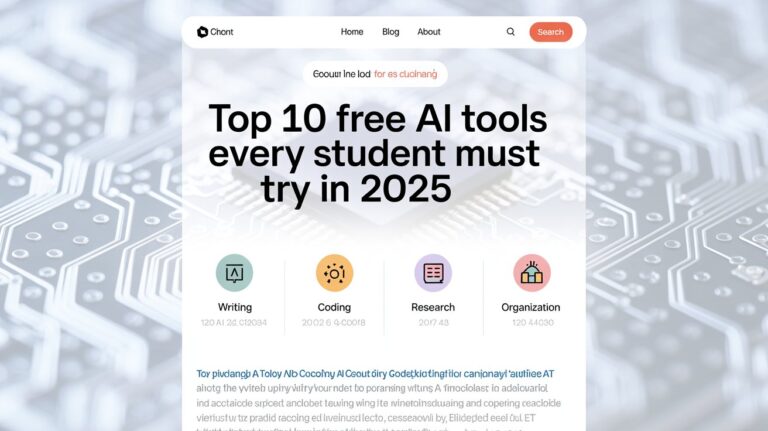 Illustration showing top AI tools for students in 2025 with icons of ChatGPT, Notion AI, Grammarly, and others on a tech-themed background.