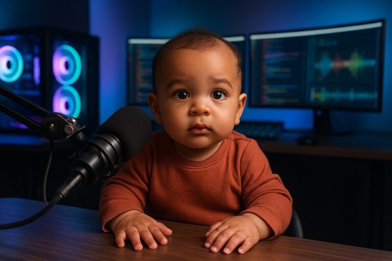 Realistic baby podcast portrait created with ChatGPT